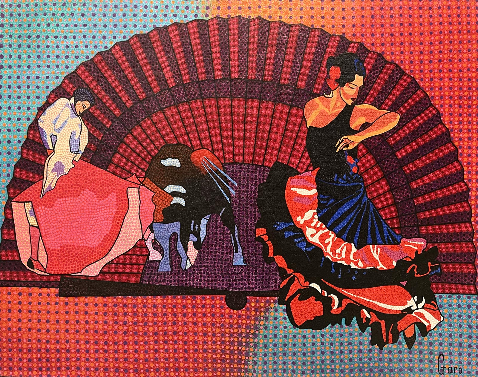 Flamenco dancers in a fan shape, bull