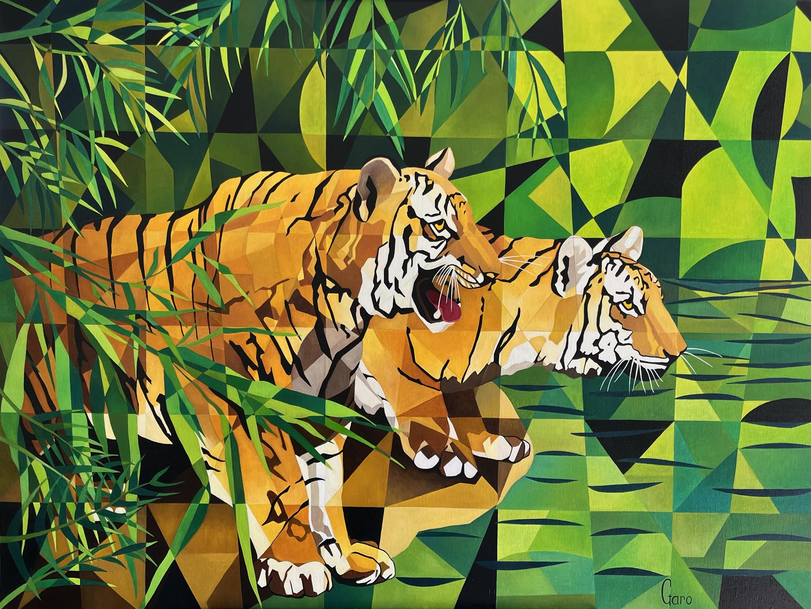 Two tigers, geometric jungle pattern
