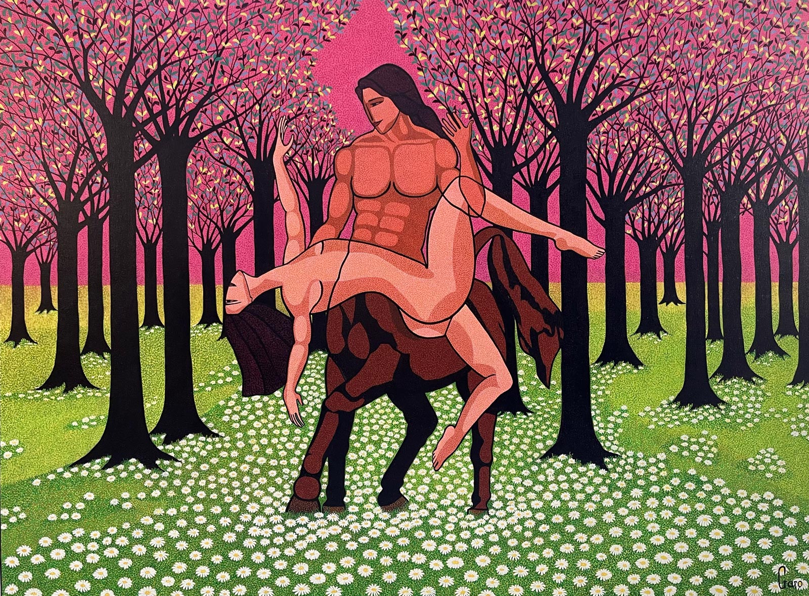 Centaur carrying a woman, blossoming forest