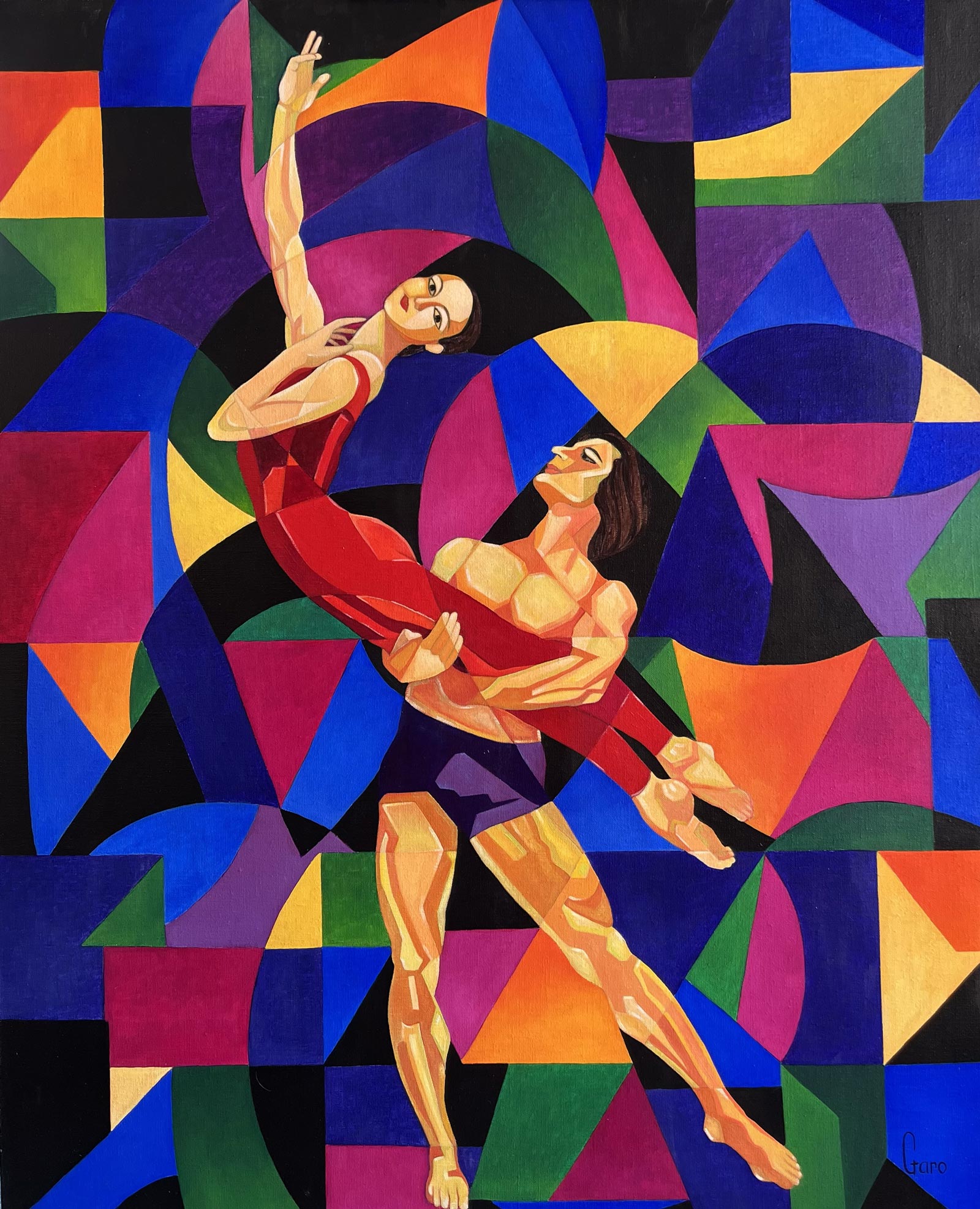 Geometric ballet lift, red and purple