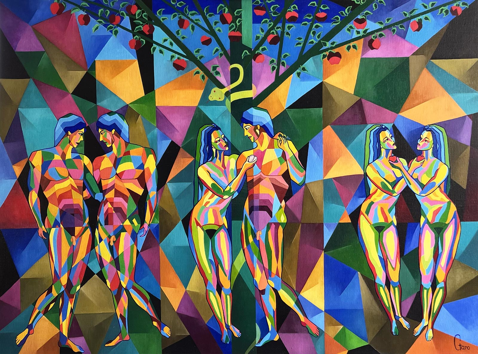 Adam and Eve, geometric triptych, work by Garo