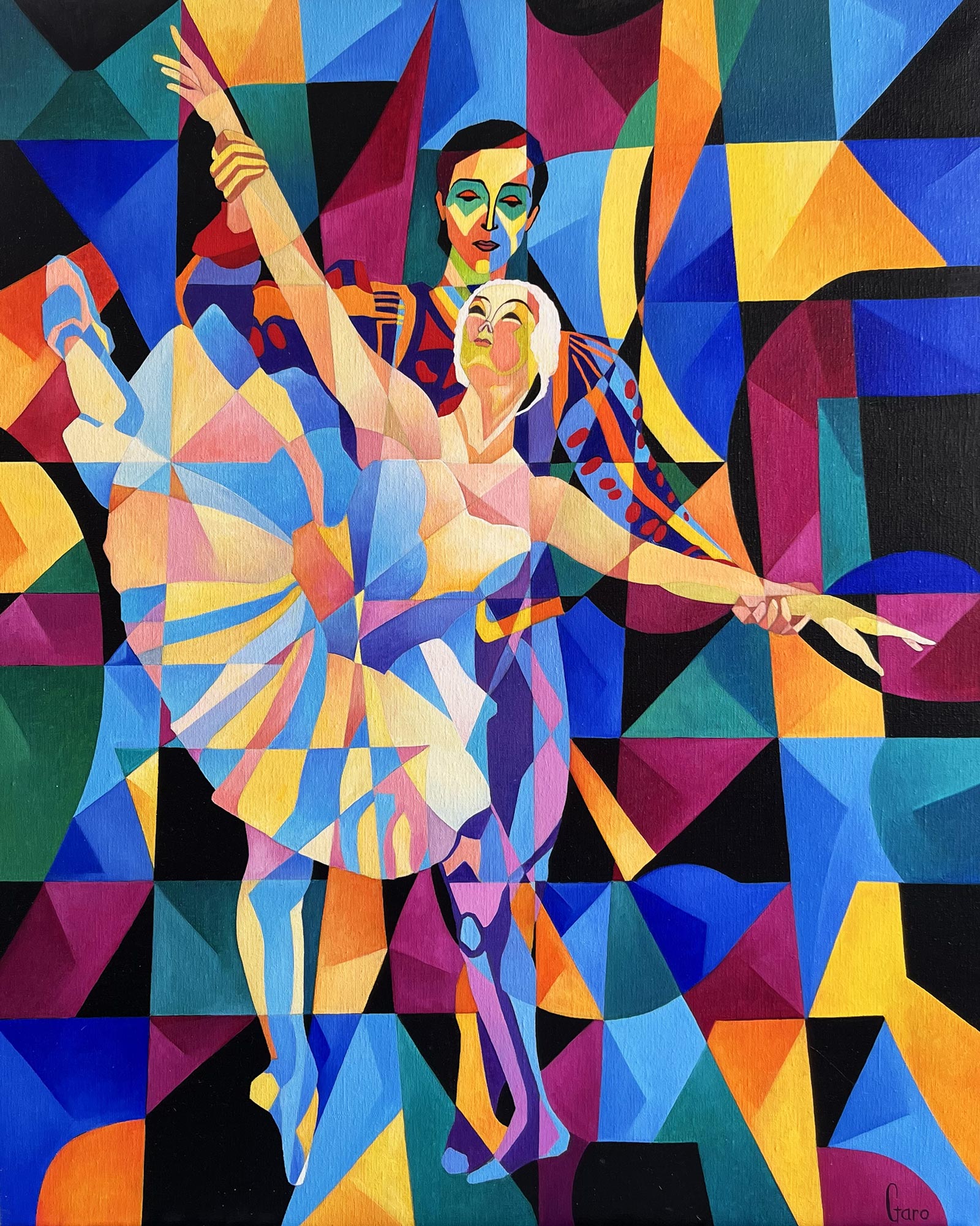 Masked geometric dancers, blue and yellow