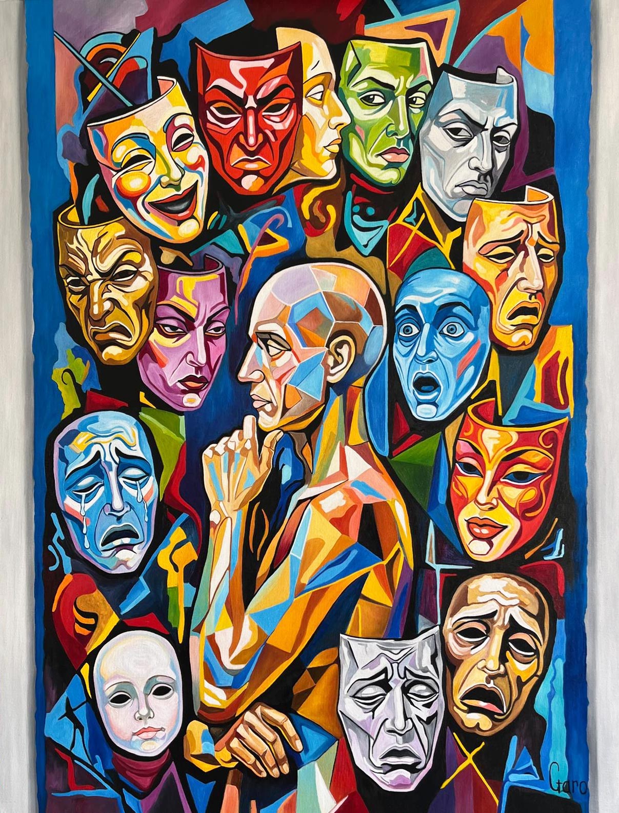 Theater masks, central self-portrait