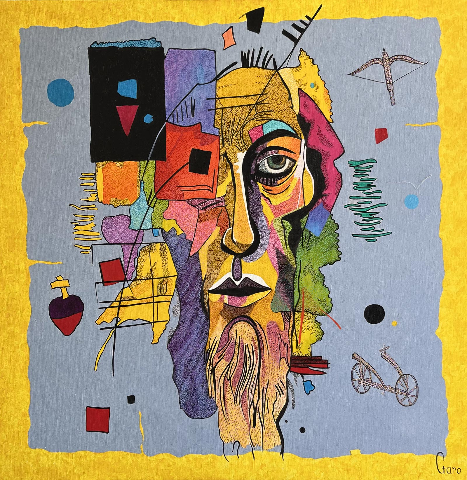 Abstract cubist face, colorful symbols