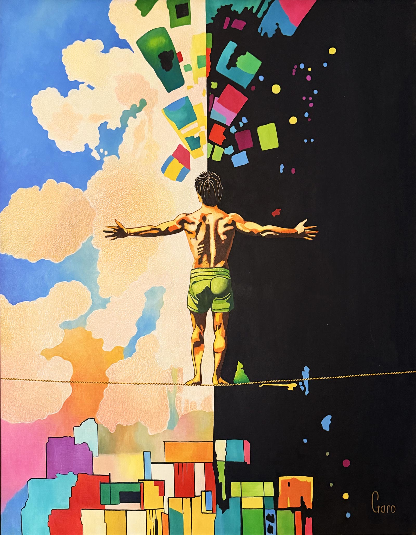 Man on a tightrope, light and dark