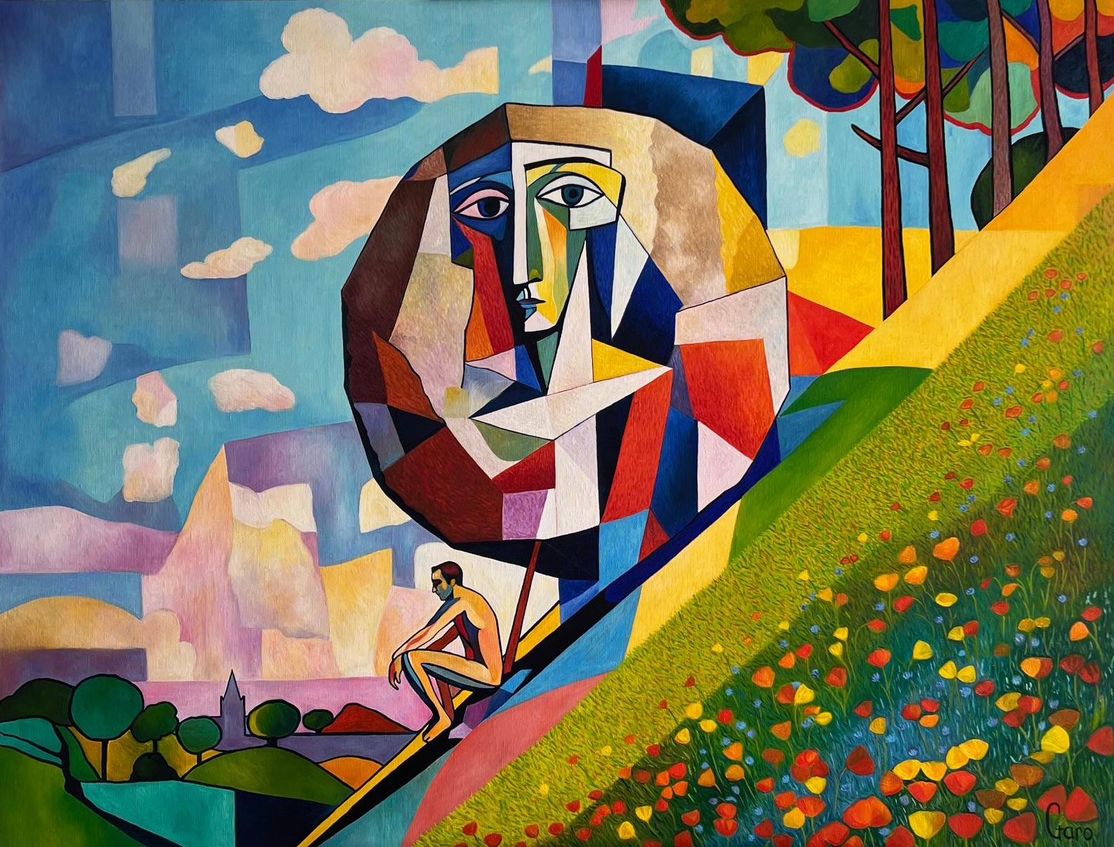 Cubist boulder face, man in a flower meadow