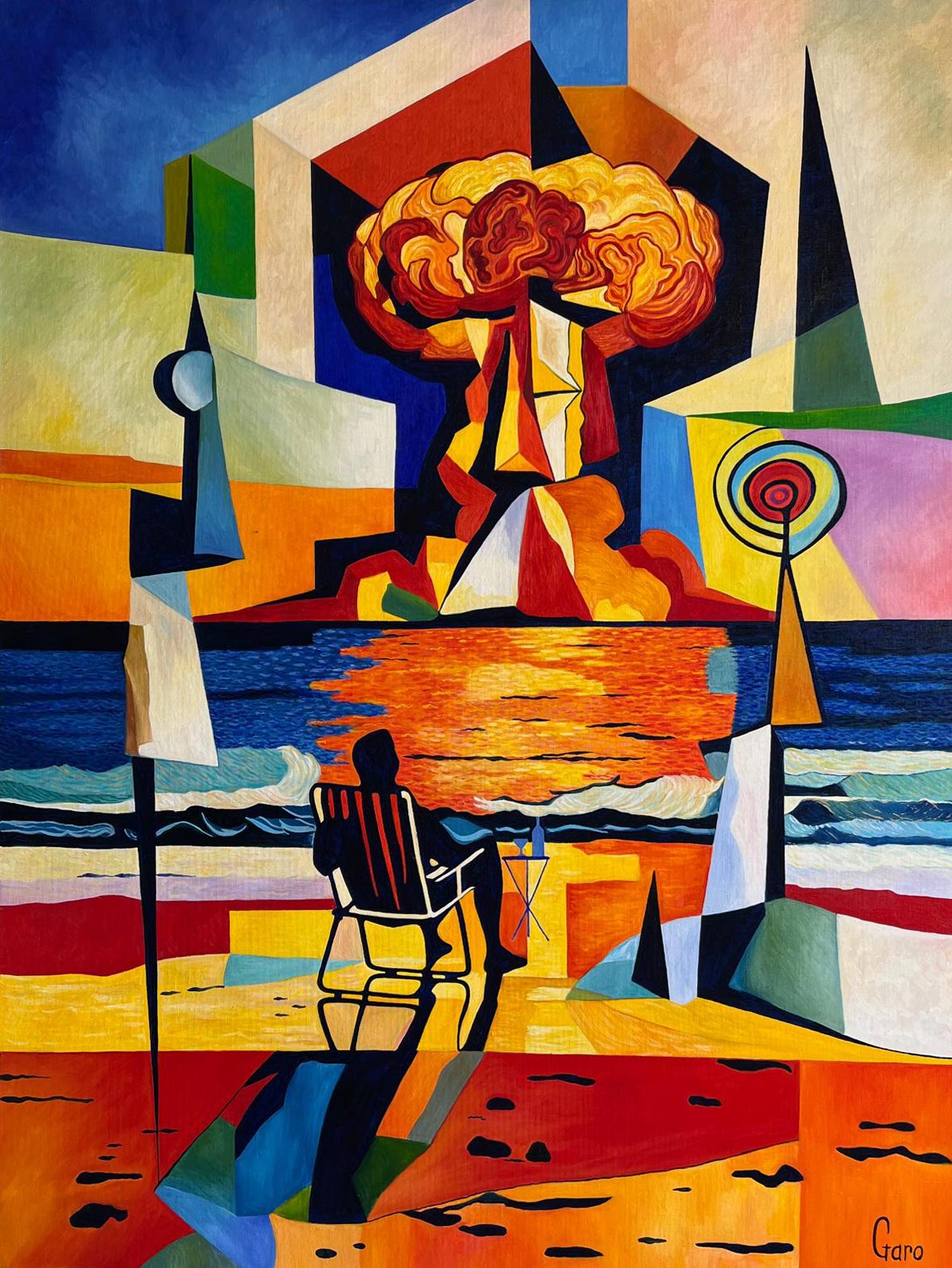 Mushroom cloud, man in a beach chair