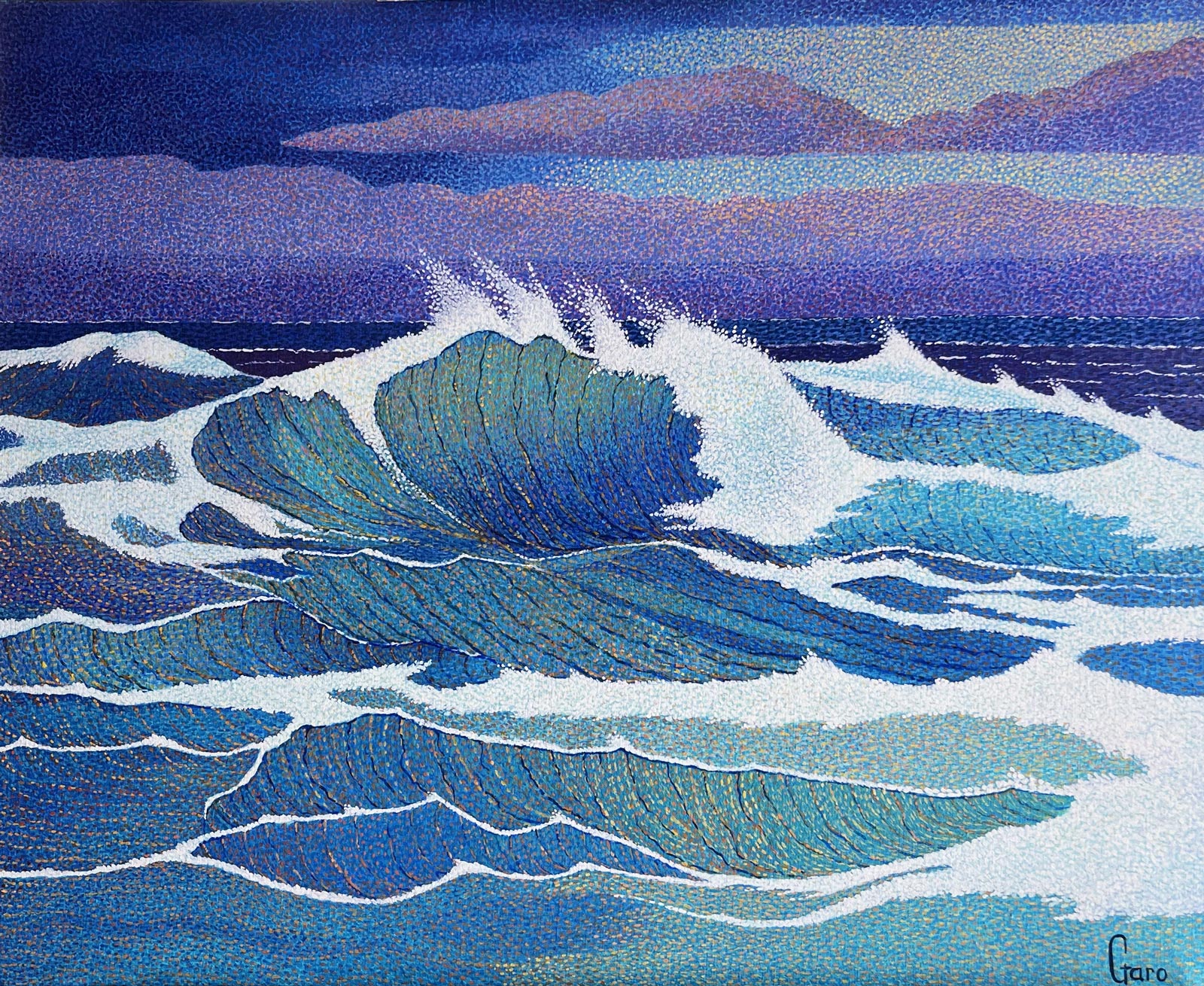 Blue and violet crashing waves, pointillism