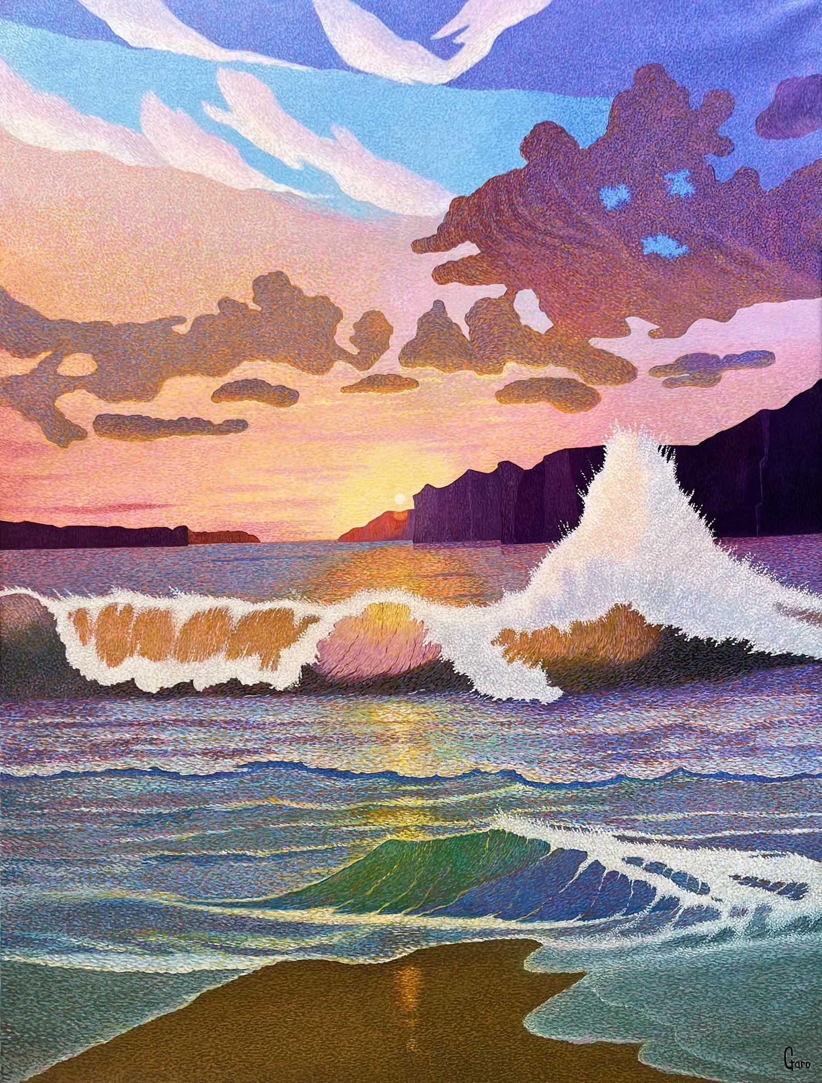 Sunset waves, pink sky, work by Garo