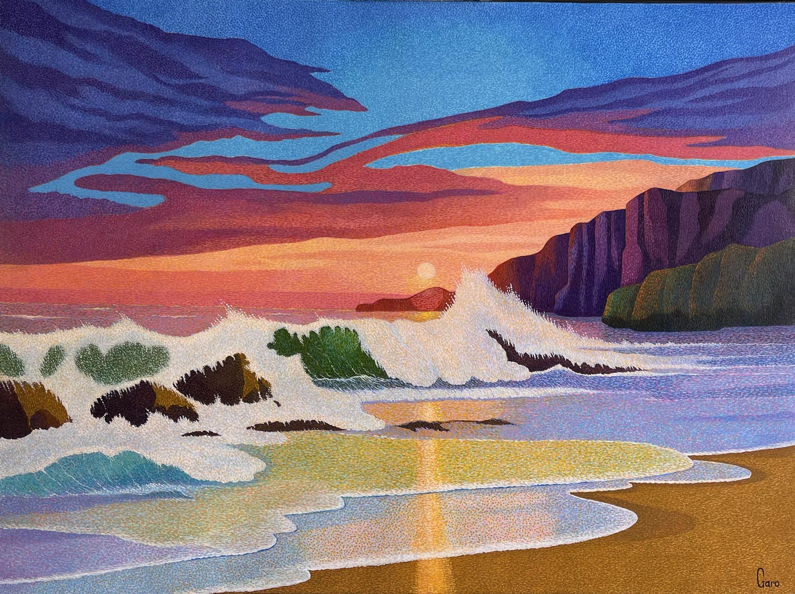 Sunset beach, wave and cliffs