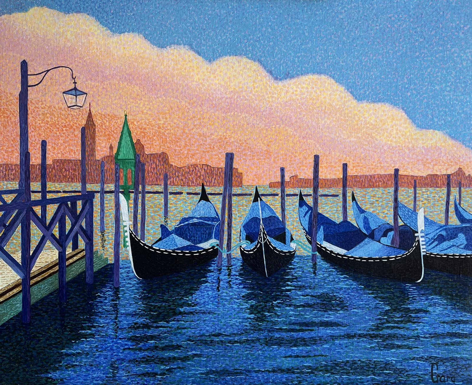 Venice gondola dock, lamppost at dusk