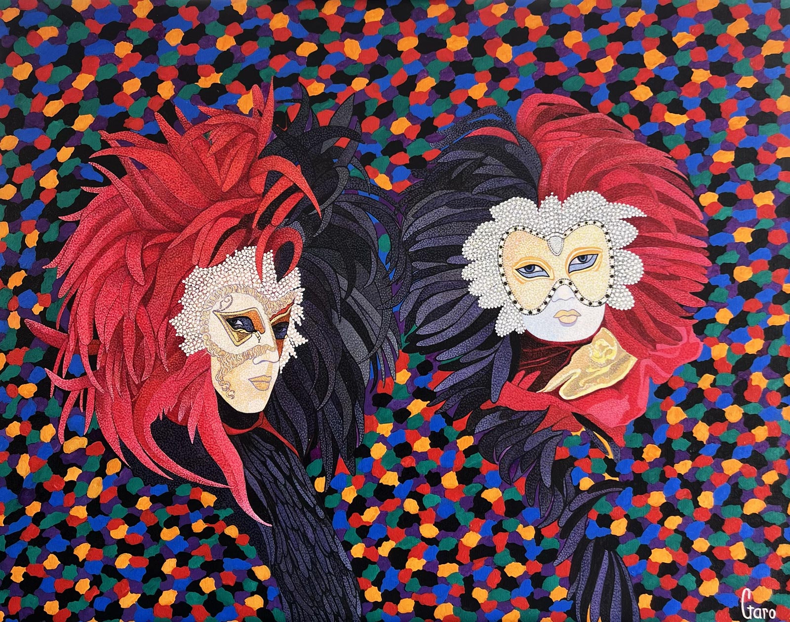Two carnival masks, confetti