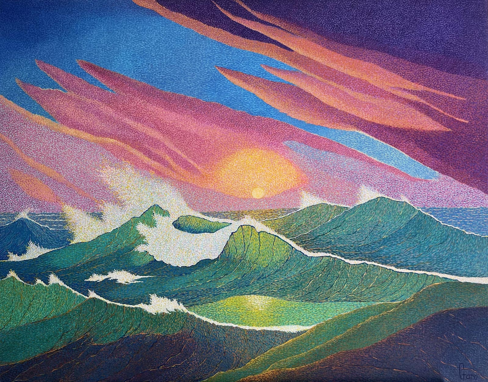 Stylized green wave at sunset